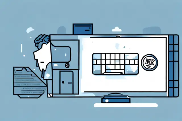 A bank building with a small desk and a computer inside