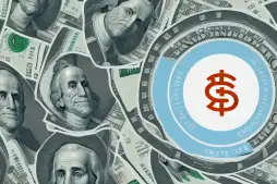 A digital bank surrounded by symbols of money