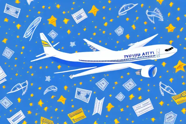 A vibrant blue airplane mid-flight