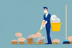 A broom sweeping away piles of coins and banknotes