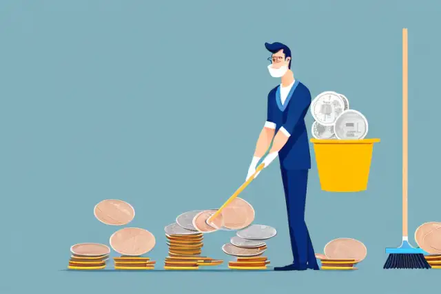 A broom sweeping away piles of coins and banknotes